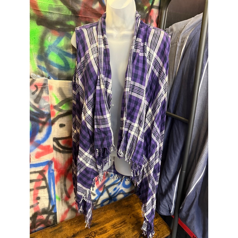 Est. 1946 Womens Purple Plaid Fringe Shaw Vest Cotton Plus 18 20W Fall Boho 20